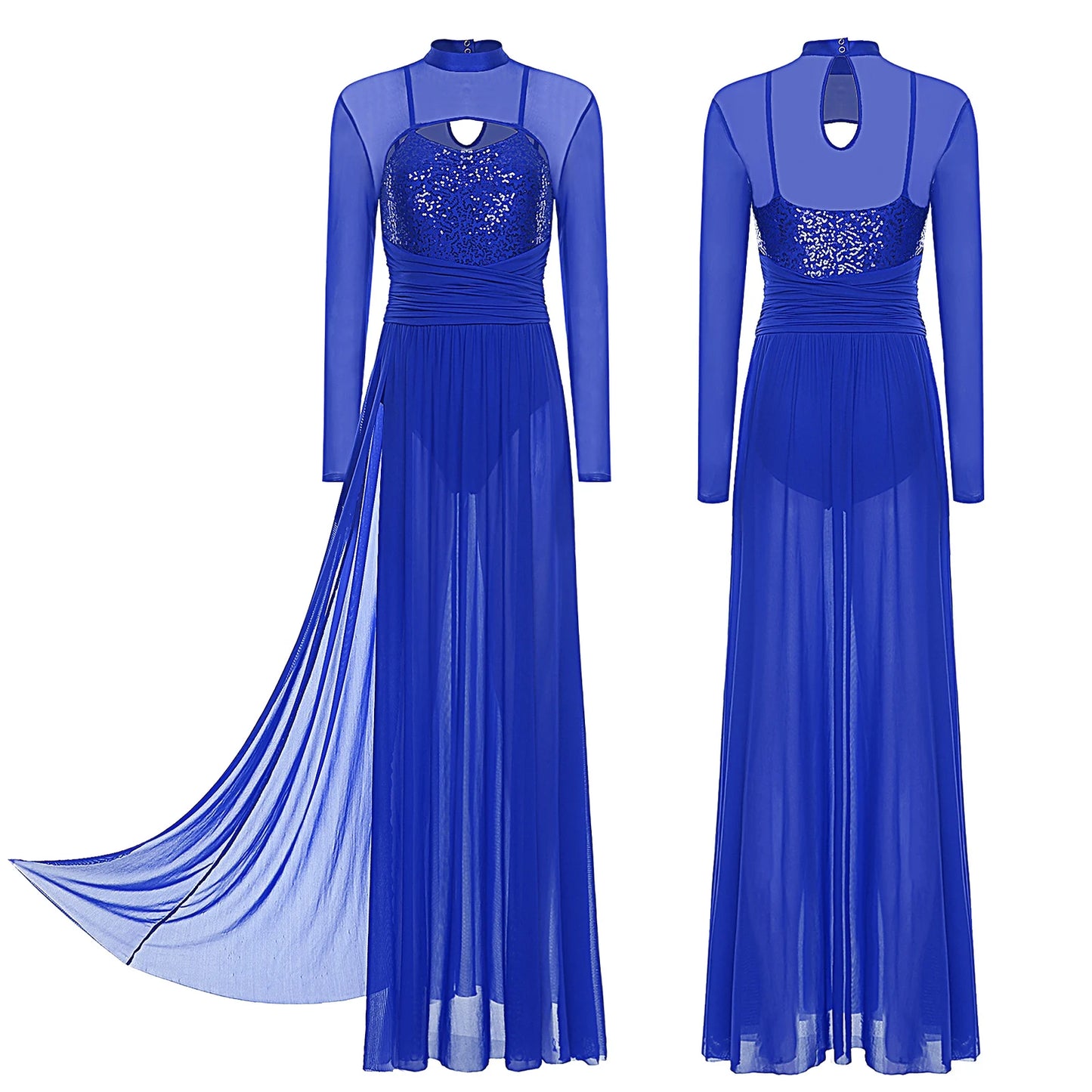 Womens Ballet Lyrical Dance Costumes Sequin Mesh Tulle Flowy Maxi Long Dress Built-In Briefs Morden Contemporary Dancewear