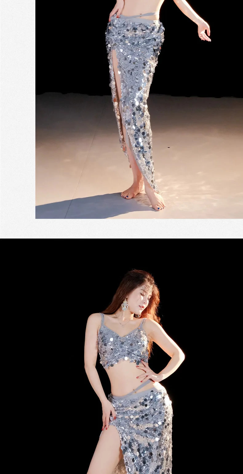 Emerald Green Sequin Skirt with Matching Crop Top – Sparkling Dance Dress, Stage Performance Gown, Ethereal Evening Ensemble