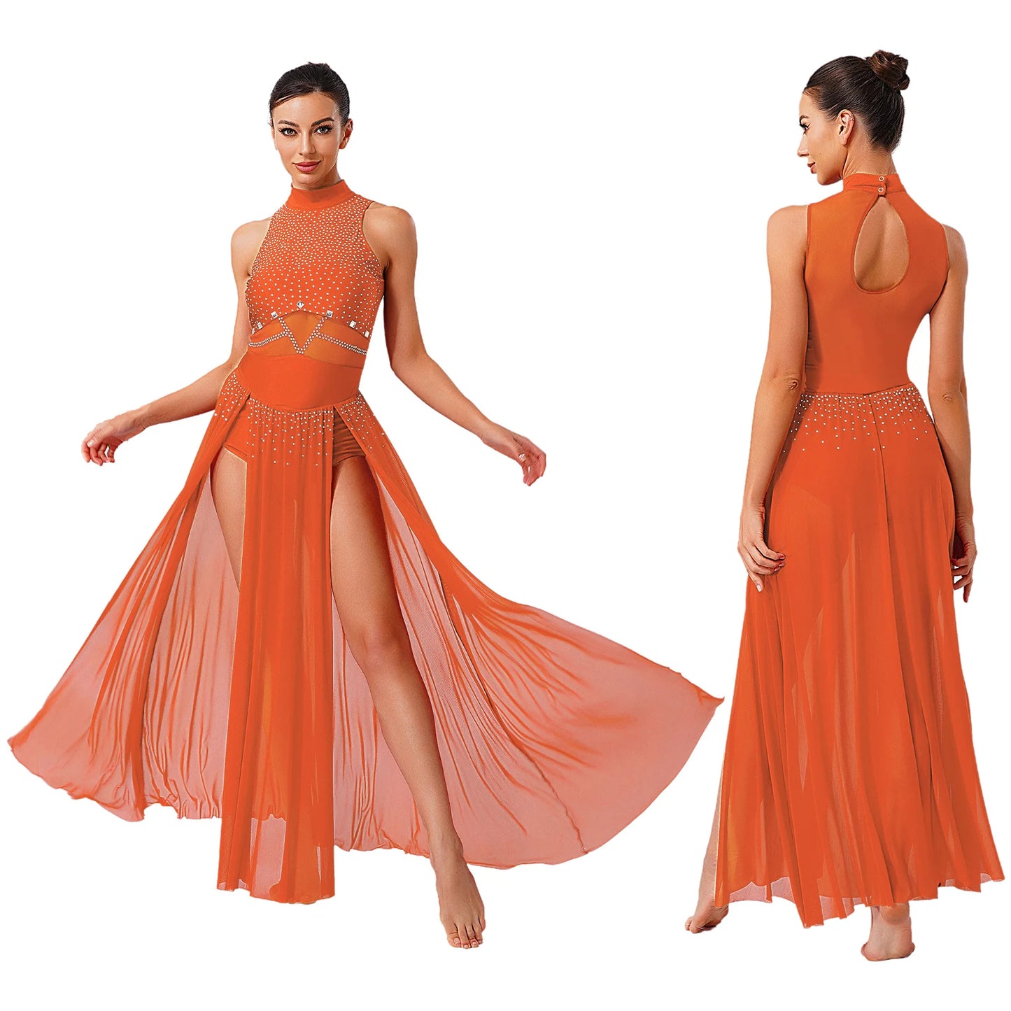 Womens Ballet Lyrical Dance Costumes Sequin Mesh Tulle Flowy Maxi Long Dress Built-In Briefs Morden Contemporary Dancewear
