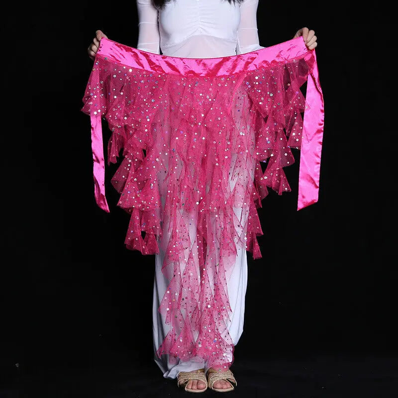 Women's Belly Dance Mesh Sequins Hip Scarf Wrap Skirts High Low Ruffle Mesh Waist Chain Belt Party Dance Costume Accessories