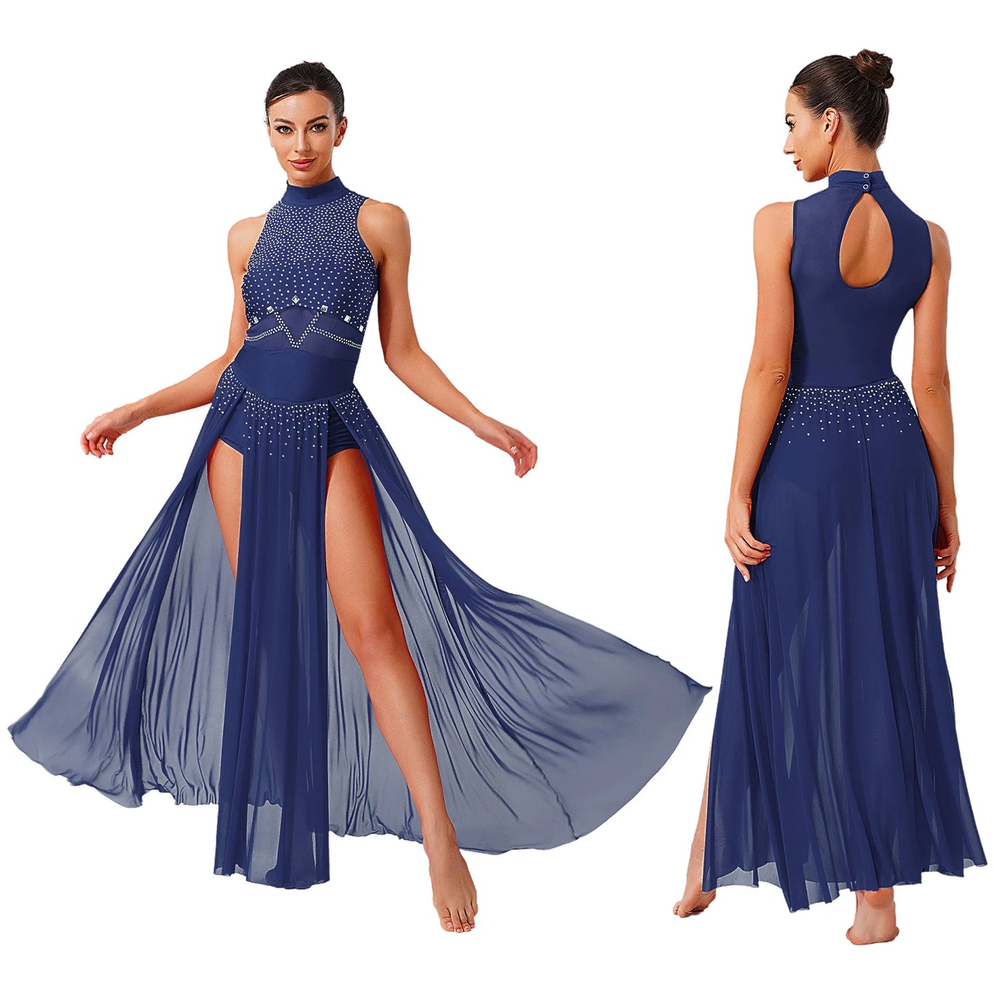 Womens Ballet Lyrical Dance Costumes Sequin Mesh Tulle Flowy Maxi Long Dress Built-In Briefs Morden Contemporary Dancewear