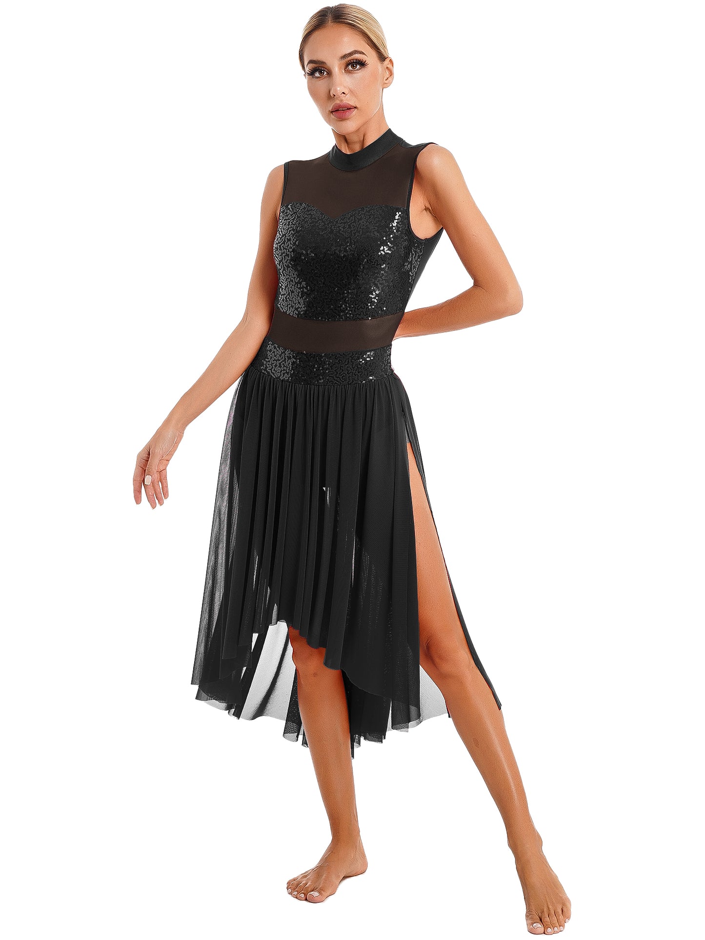 Navy Blue Sequin Bodice with Sheer Mesh Skirt – Dance Dress with Criss-Cross Back, Ballroom & Party Gown