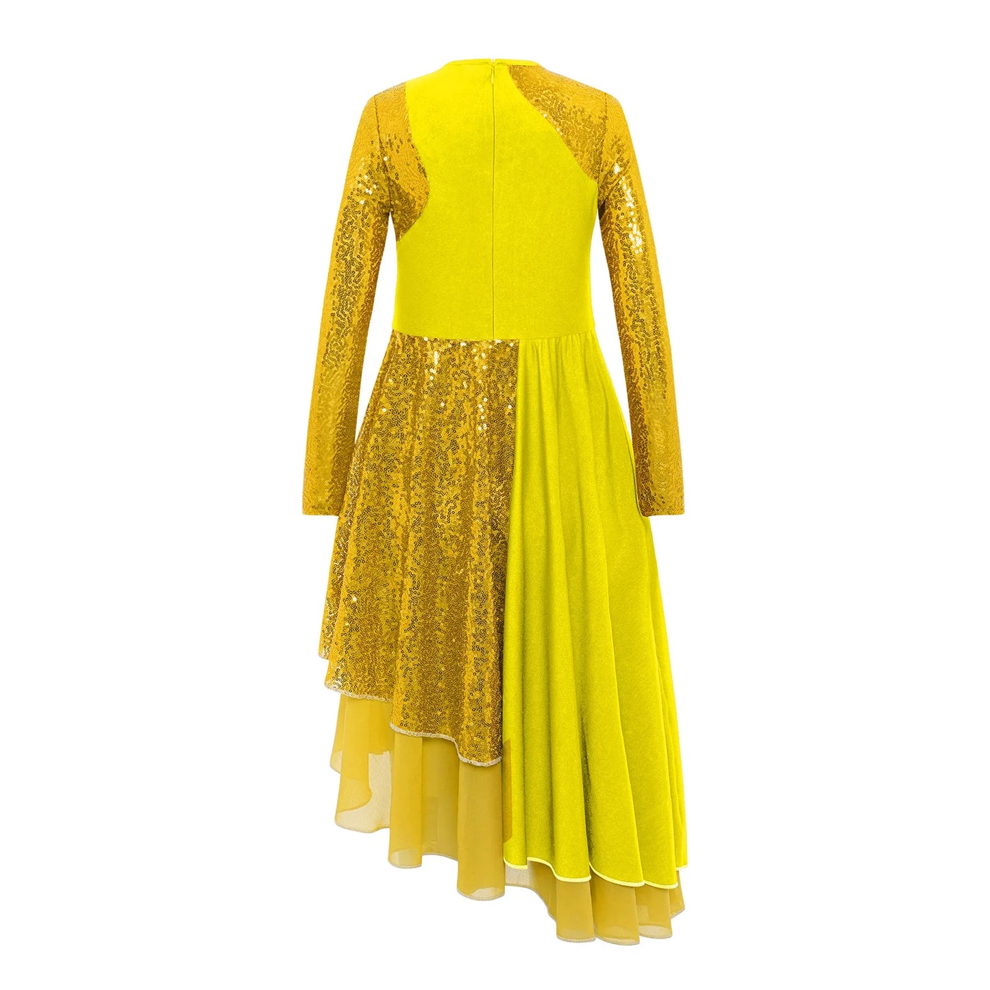 Vibrant Two-Tone Dance Dress with Sheer Lace Sleeves – Asymmetric Pink & Purple Gowns for Stage, Ballroom, and Showcases