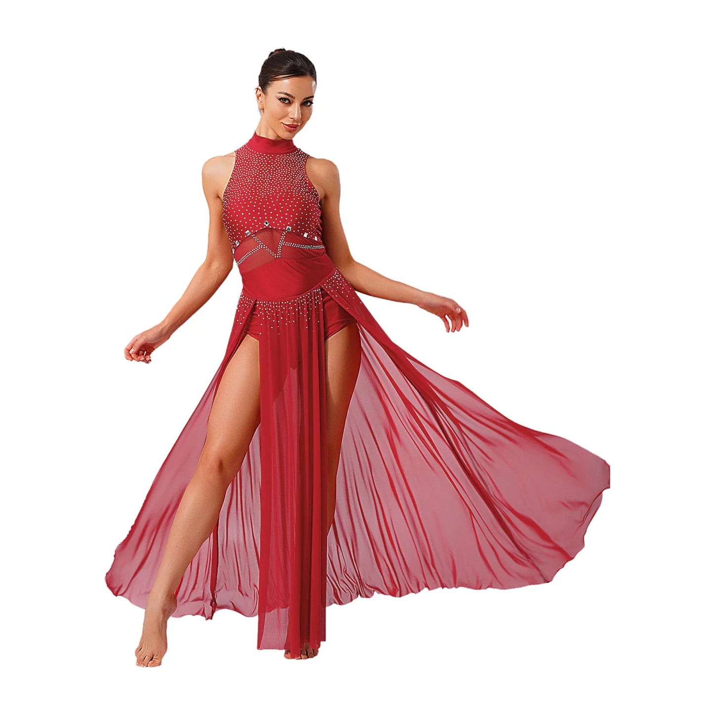 Womens Ballet Lyrical Dance Costumes Sequin Mesh Tulle Flowy Maxi Long Dress Built-In Briefs Morden Contemporary Dancewear