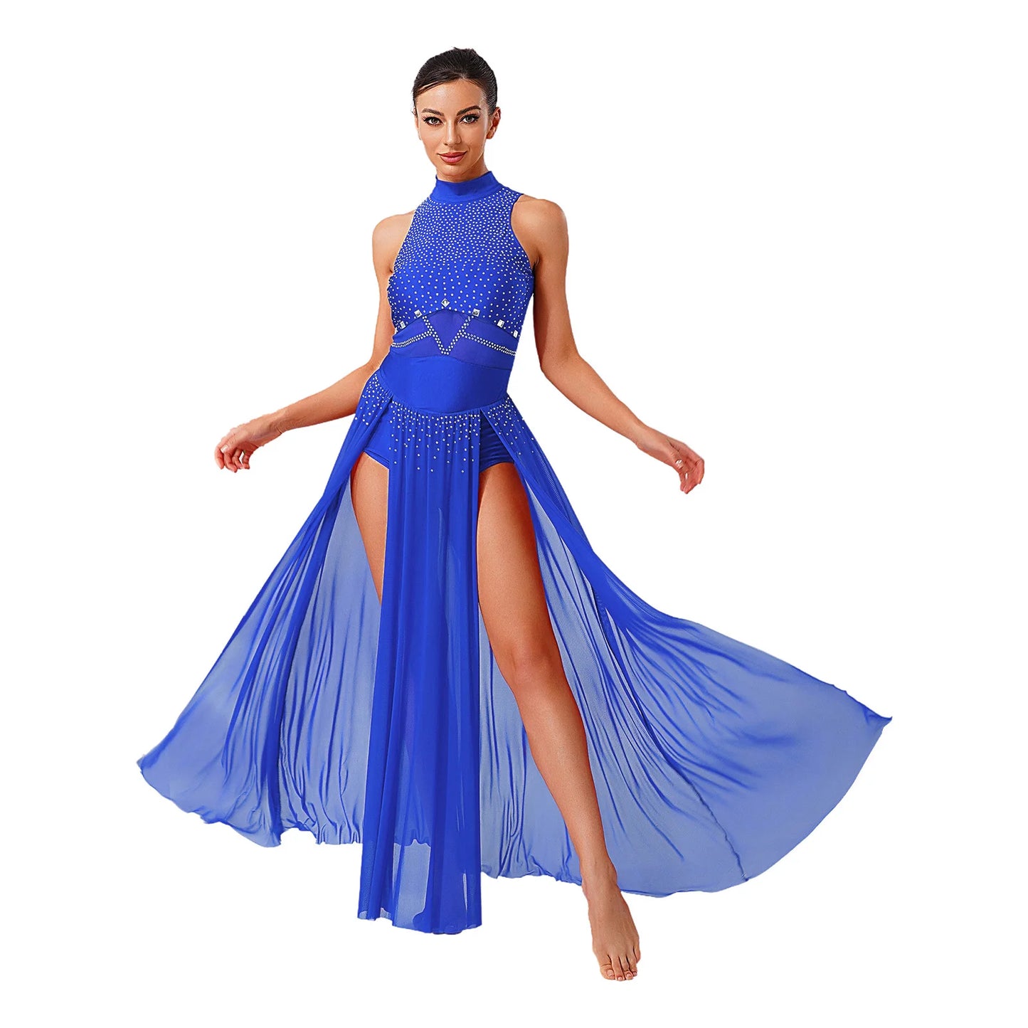 Womens Ballet Lyrical Dance Costumes Sequin Mesh Tulle Flowy Maxi Long Dress Built-In Briefs Morden Contemporary Dancewear