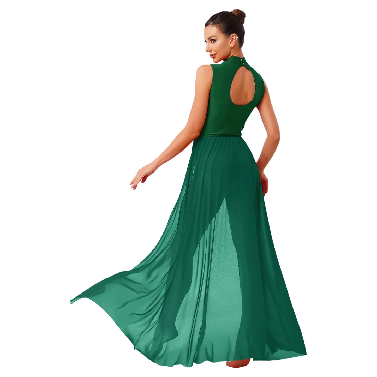 Womens Ballet Lyrical Dance Costumes Sequin Mesh Tulle Flowy Maxi Long Dress Built-In Briefs Morden Contemporary Dancewear