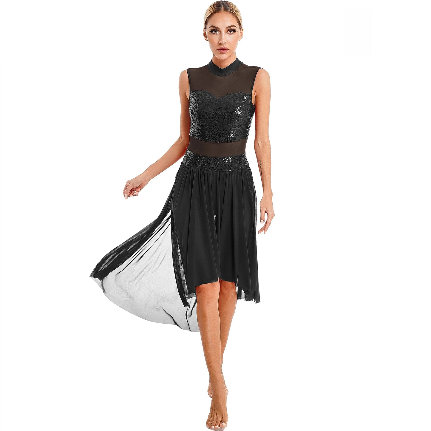 Navy Blue Sequin Bodice with Sheer Mesh Skirt – Dance Dress with Criss-Cross Back, Ballroom & Party Gown